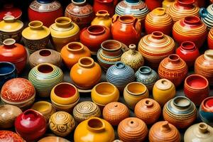 many colorful pottery vases are displayed in a display. AI-Generated photo