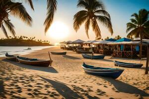 boats on the beach at sunset with palm trees. AI-Generated photo