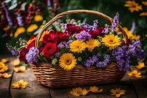 basket of flowers on wooden table. AI-Generated photo