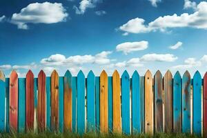 a colorful wooden fence with blue sky and clouds. AI-Generated photo