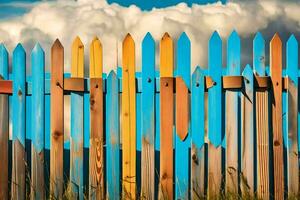 a colorful fence with wooden poles and blue sky. AI-Generated photo