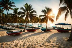 barcos en el playa a puesta de sol. generado por ai foto