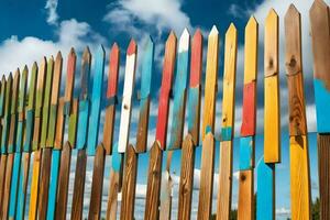 a colorful fence with many different colored wooden sticks. AI-Generated photo