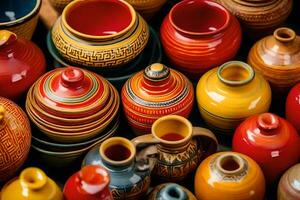 many colorful pottery vases are arranged together. AI-Generated photo