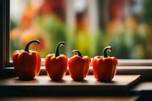 five peppers are sitting on a window sill. AI-Generated photo