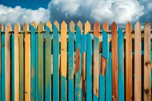 a wooden fence with colorful paint on it. AI-Generated photo