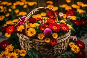 a basket full of colorful flowers on a wooden table. AI-Generated photo