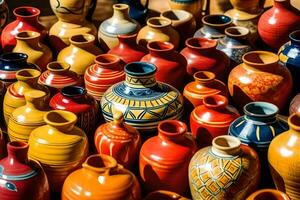 colorful vases are displayed in a shop. AI-Generated photo