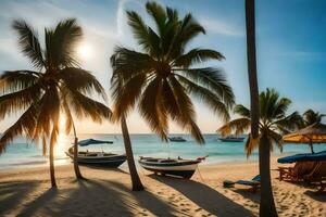 palm trees and boats on the beach at sunset. AI-Generated photo