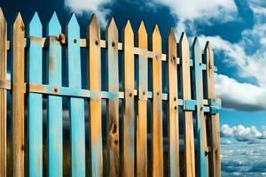 a wooden fence with blue sky and clouds in the background. AI-Generated photo