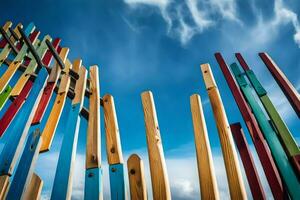 colorful wooden sticks against a blue sky. AI-Generated photo