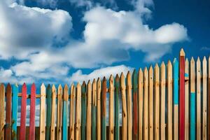 a colorful fence with a blue sky in the background. AI-Generated photo