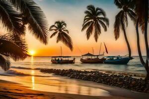 un hermosa puesta de sol en el playa con barcos y palma arboles generado por ai foto