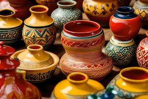 many colorful pottery vases are displayed on a table. AI-Generated photo