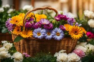 a basket full of colorful flowers on a table. AI-Generated photo