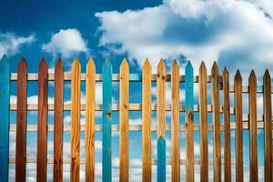 a wooden fence with blue sky and clouds in the background. AI-Generated photo