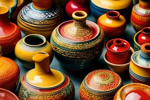 many colorful vases are arranged together. AI-Generated photo