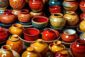 many colorful pottery vases and bowls are displayed. AI-Generated photo