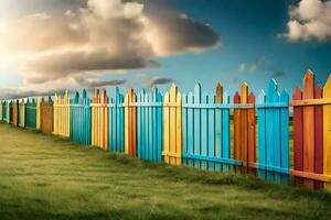 a colorful wooden fence with a sky background. AI-Generated photo