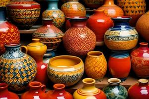 many colorful vases are displayed on a shelf. AI-Generated photo