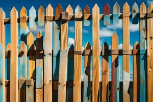 a wooden fence with many different colored wooden pieces. AI-Generated photo