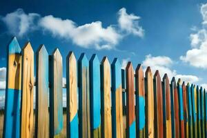 a colorful fence with a blue sky in the background. AI-Generated photo