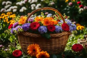 un cesta lleno de vistoso flores en un herboso campo. generado por ai foto