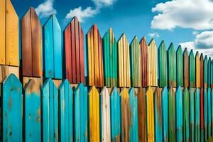 a colorful fence with many different colored wooden posts. AI-Generated photo