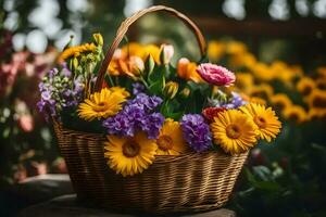 un cesta con flores sentado en un roca. generado por ai foto