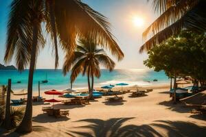 un playa con palma arboles y paraguas generado por ai foto