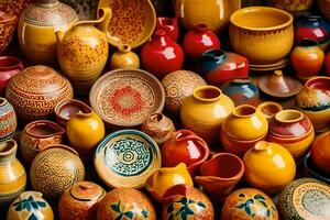 a large collection of colorful pottery. AI-Generated photo