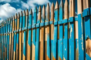 a wooden fence with blue paint on it. AI-Generated photo