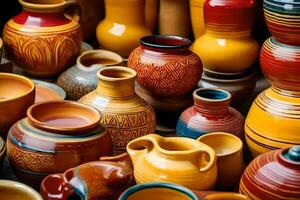 many colorful pottery vases are displayed on a table. AI-Generated photo