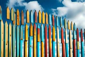 colorful wooden fence with blue sky and clouds. AI-Generated photo