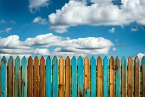 a wooden fence with blue sky and clouds in the background. AI-Generated photo