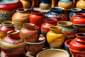 many colorful pottery vases are on display. AI-Generated photo