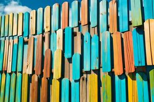 vistoso de madera cerca con azul cielo antecedentes. generado por ai foto