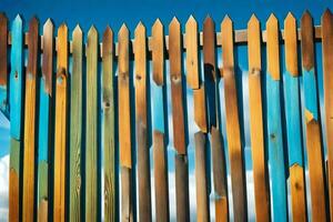 a wooden fence with colorful paint on it. AI-Generated photo