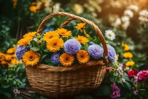 cesta con vistoso flores en el jardín. generado por ai foto