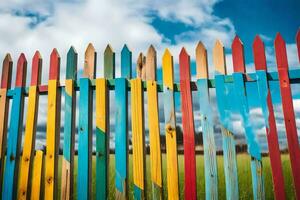 a colorful fence with a blue sky in the background. AI-Generated photo