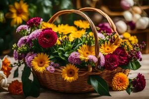 un cesta con vistoso flores en un mesa. generado por ai foto