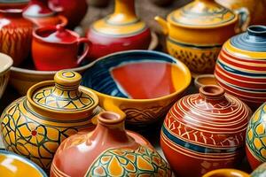 many colorful pottery vases are displayed on a table. AI-Generated photo