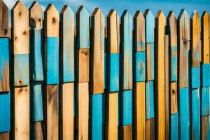 a wooden fence with blue and yellow stripes. AI-Generated photo