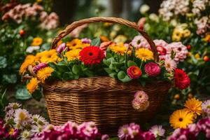 a basket full of colorful flowers on a grassy field. AI-Generated photo