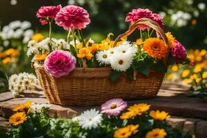 un cesta lleno de vistoso flores sentado en un Roca patio. generado por ai foto