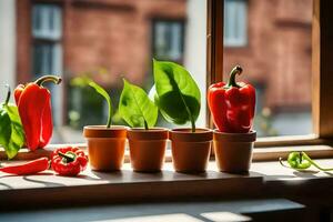 red peppers and green leaves in pots on a window sill. AI-Generated photo