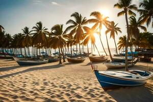 barcos en el playa a puesta de sol. generado por ai foto