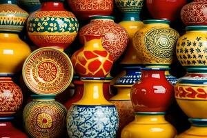 many colorful vases are arranged together. AI-Generated photo