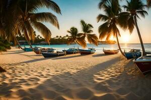 barcos en el playa a puesta de sol con palma arboles generado por ai foto
