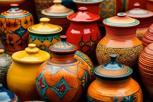 many colorful ceramic vases are displayed on a table. AI-Generated photo